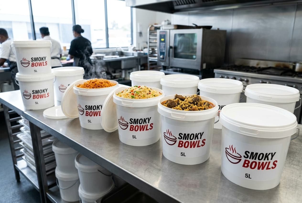 5 litre Smoky Bowls containers of jollof, fried rice and egusi packed for pickup